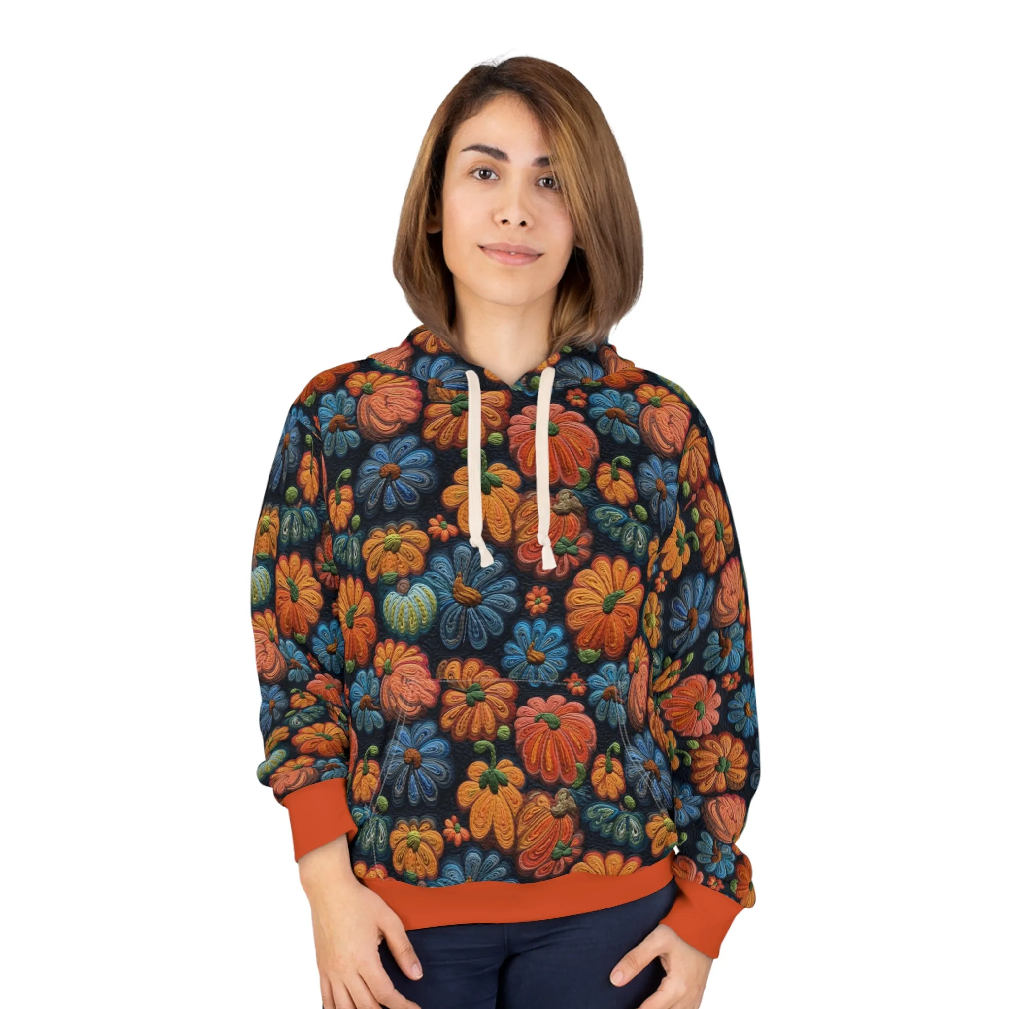Fall Flowers Pullover Hoodie, Simulated Embroidery Orange and Blue Pattern, Fall Season Sweatshirt, UnisexPullover Hoodie
