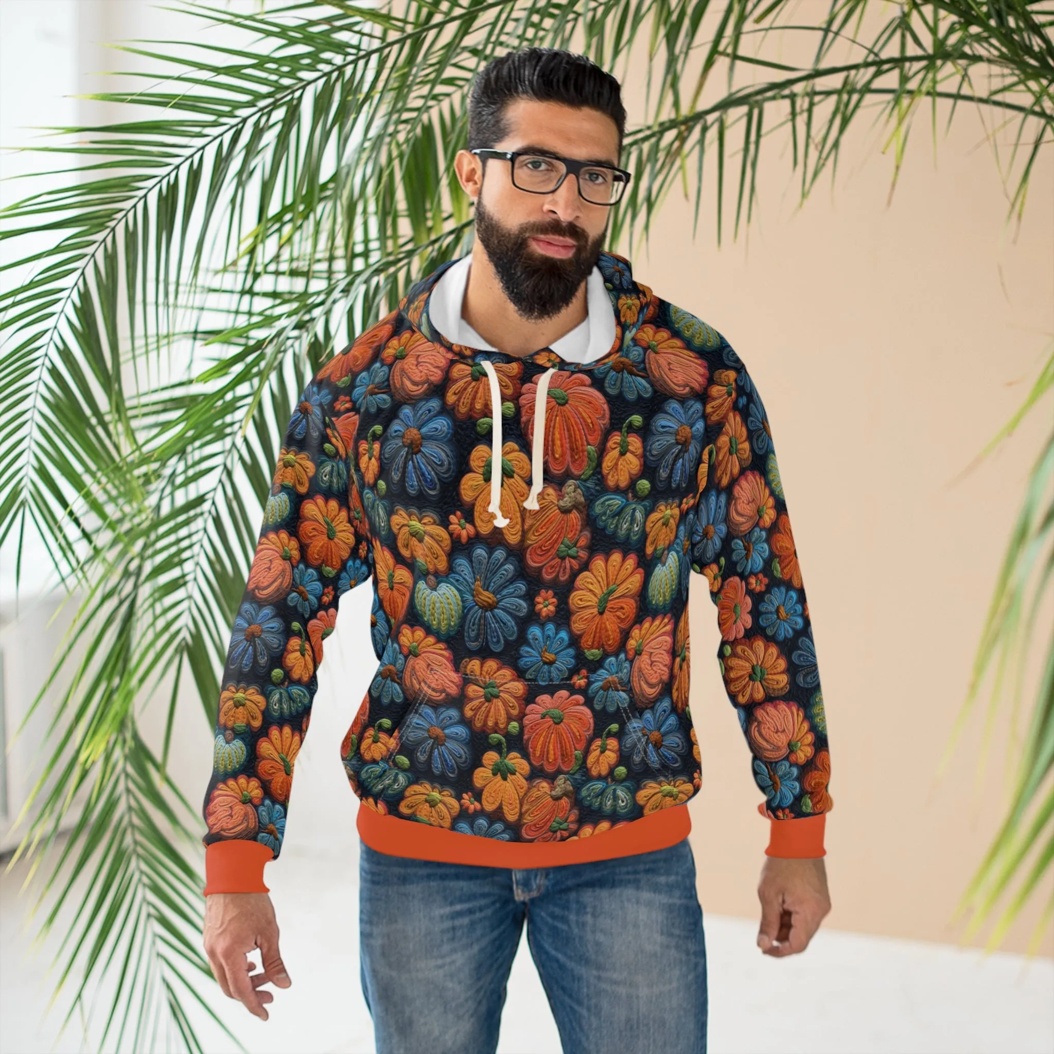 Fall Flowers Pullover Hoodie, Simulated Embroidery Orange and Blue Pattern, Fall Season Sweatshirt, UnisexPullover Hoodie