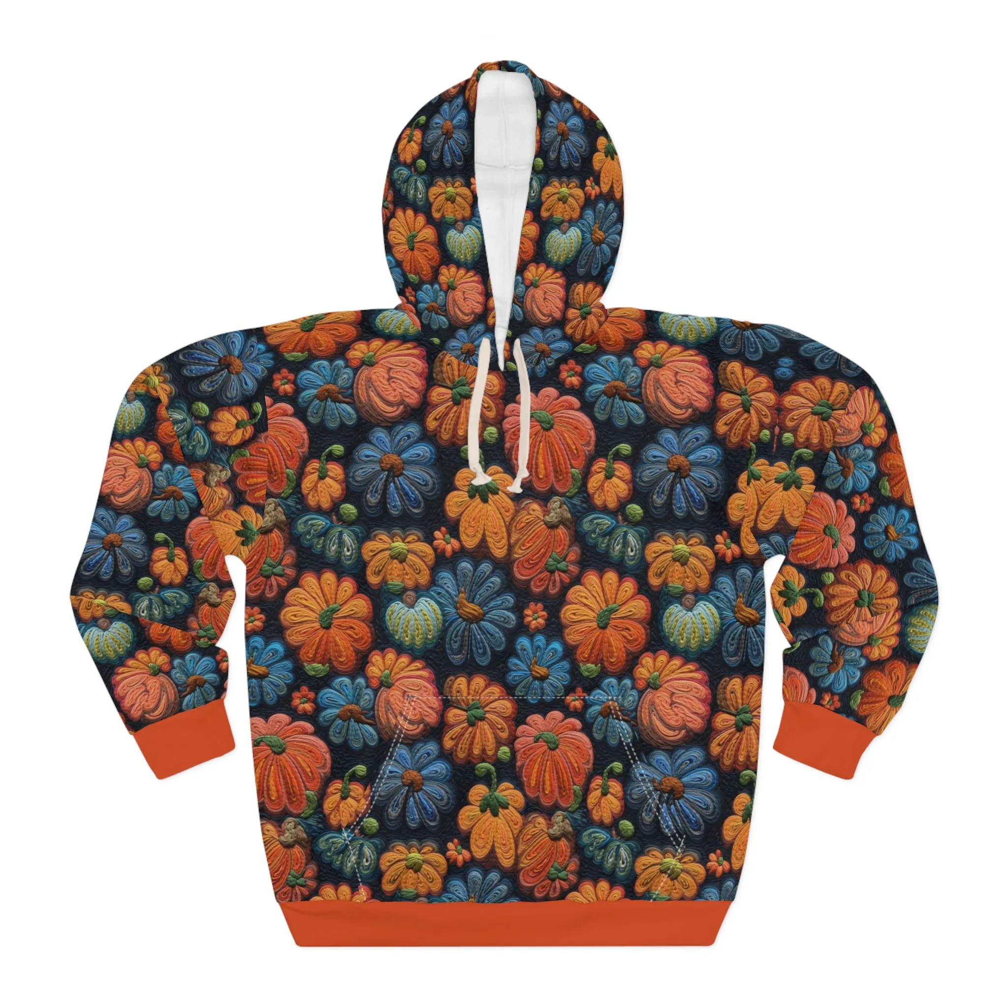 Fall Flowers Pullover Hoodie, Simulated Embroidery Orange and Blue Pattern, Fall Season Sweatshirt, UnisexPullover Hoodie