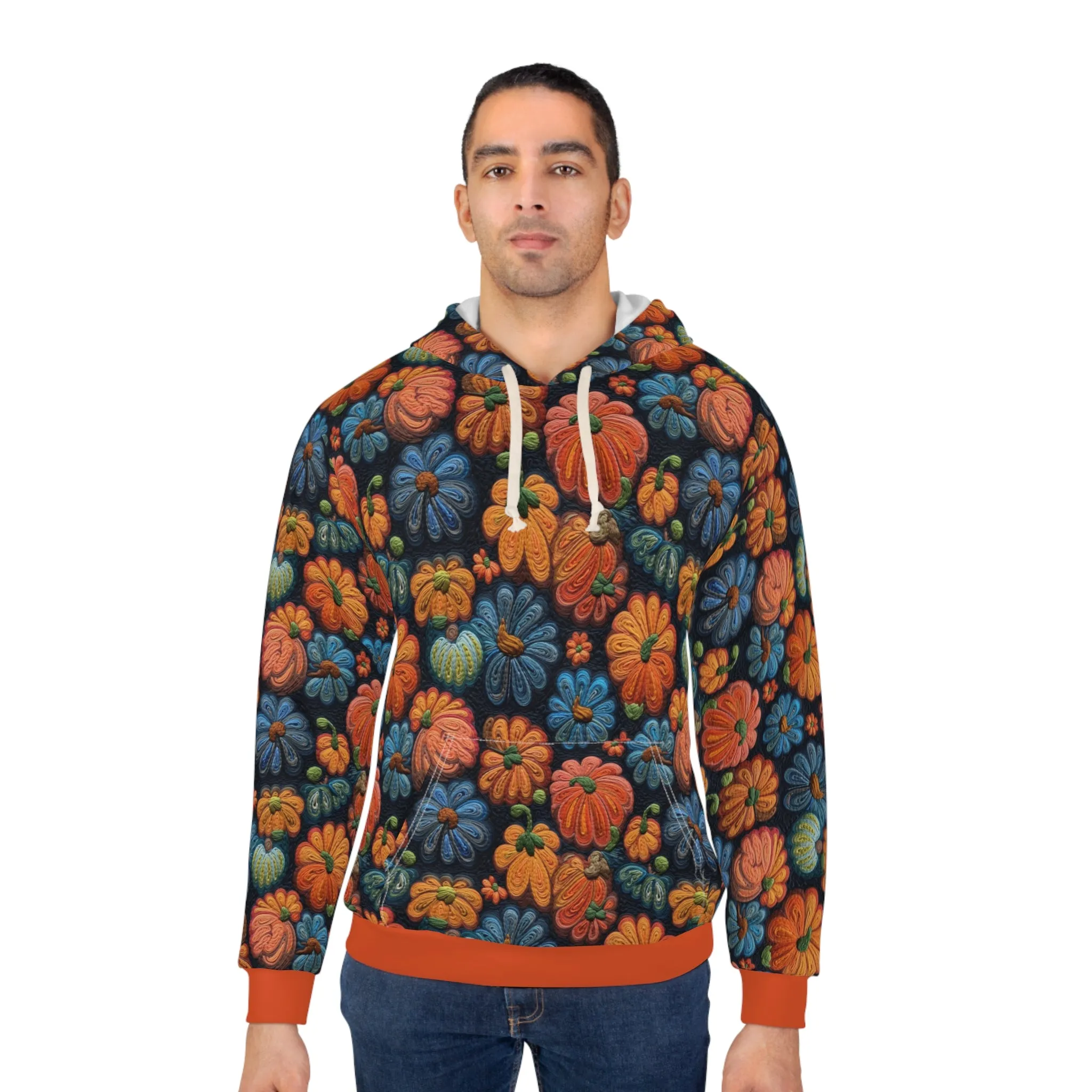 Fall Flowers Pullover Hoodie, Simulated Embroidery Orange and Blue Pattern, Fall Season Sweatshirt, UnisexPullover Hoodie