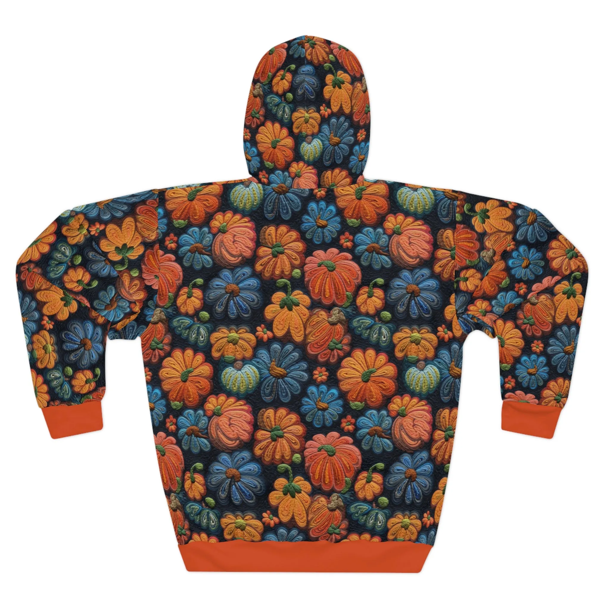 Fall Flowers Pullover Hoodie, Simulated Embroidery Orange and Blue Pattern, Fall Season Sweatshirt, UnisexPullover Hoodie