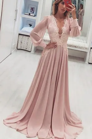 Fashion A-Line V-Neck Long Pink Prom Dresses with Long Sleeves Appliques OKH41