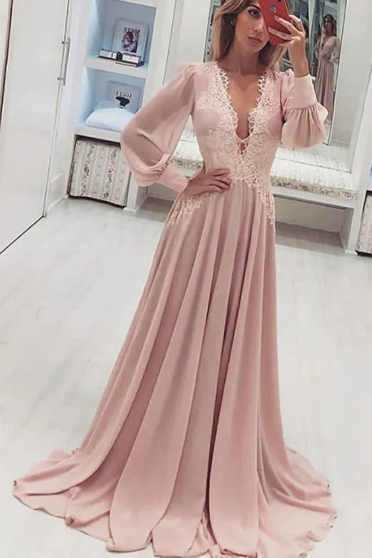 Fashion A-Line V-Neck Long Pink Prom Dresses with Long Sleeves Appliques OKH41