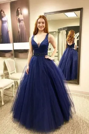 Fashion Blue Long V neck Tulle Puffy A Line Prom Dresses OK943