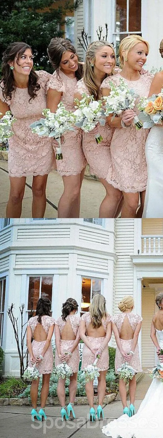 Fashion Cap Sleeve Open Back Small Round Neck Blush Pink Bridesmaid Dresses, WG116