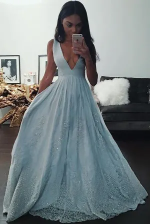 Fashion Light Blue A-line V Neck Long Prom Dress With Lace Appliques OK917