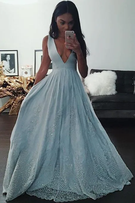 Fashion Light Blue A-line V Neck Long Prom Dress With Lace Appliques OK917
