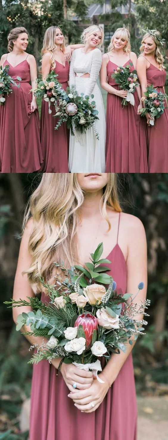 Fashion  Spaghetti Straps Chiffon Cheap A-line V-neck Modest Unique Bridesmaid Dresses,WG357
