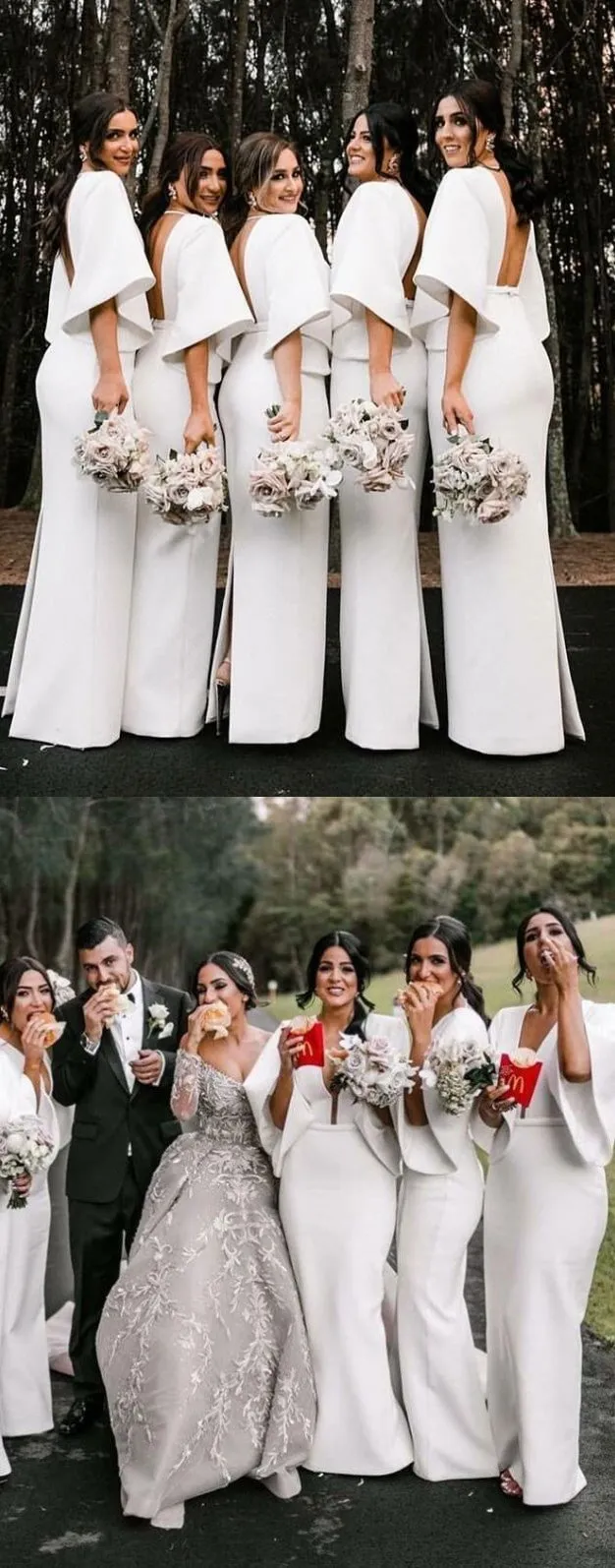 Fashion Unique Design Deep V-Neck Floor Length White Satin Bridesmaid Dresses , WG395