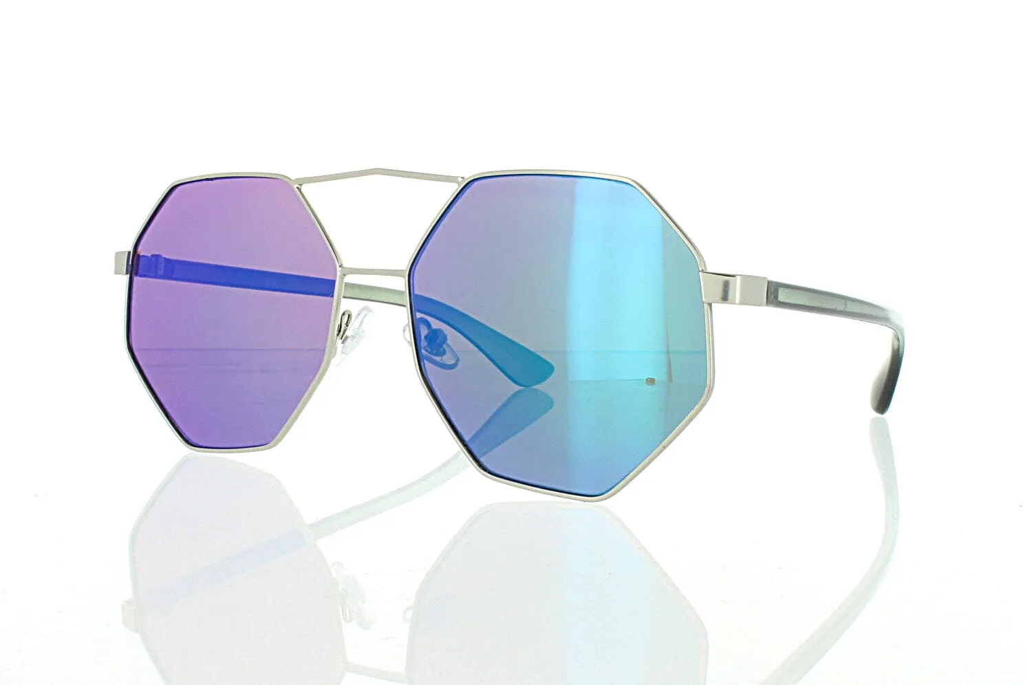 Flat Silver Octagonal Aviator Sunglasses with Green Lens 100% UV400