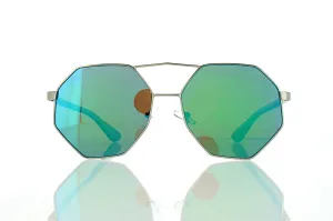 Flat Silver Octagonal Aviator Sunglasses with Green Lens 100% UV400