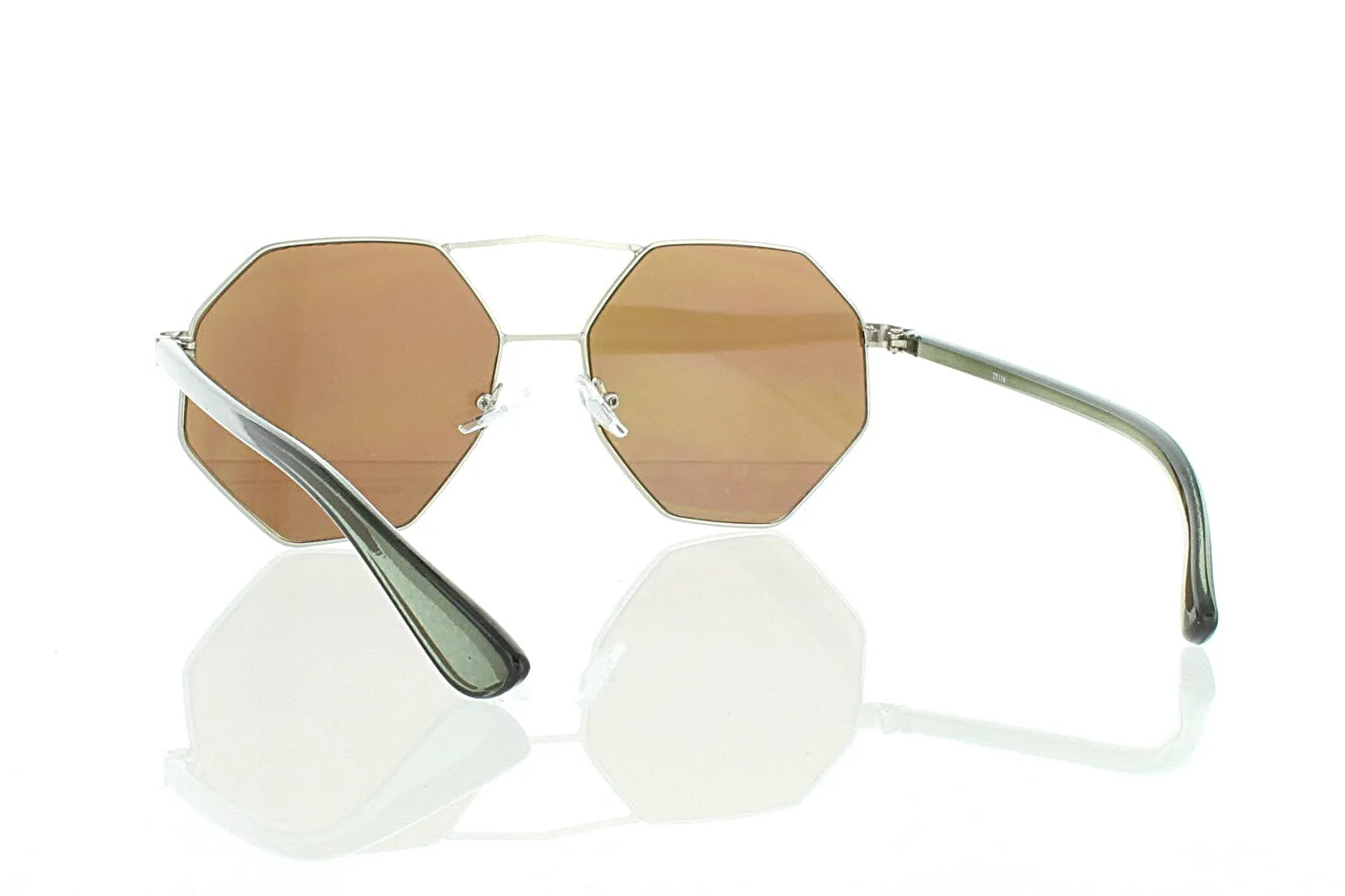Flat Silver Octagonal Aviator Sunglasses with Green Lens 100% UV400
