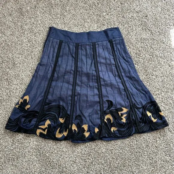 Floreat Anthropologie navy blue pleated cotton midi skirt size 4