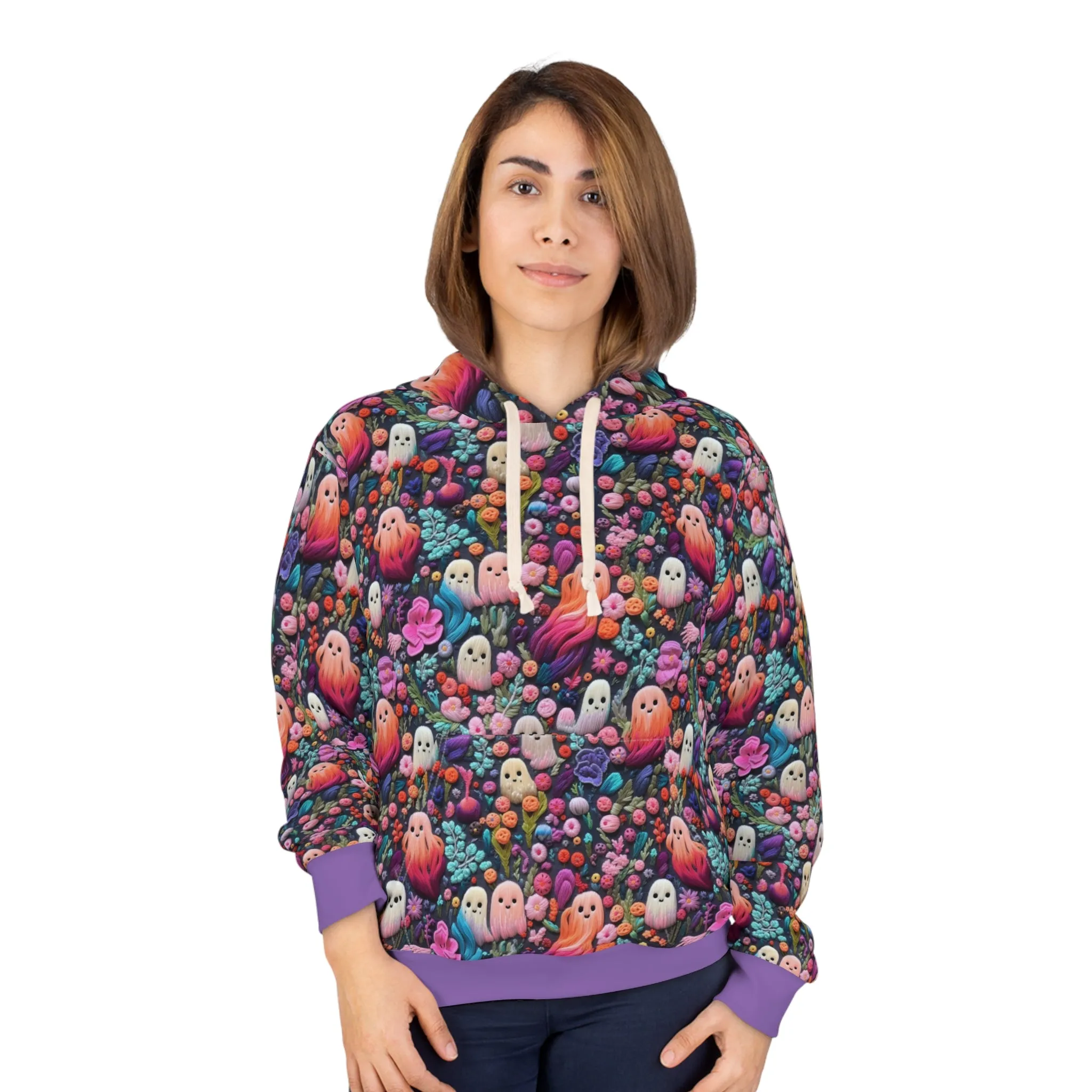 Flower Ghosts Pullover Hoodie with Faux Pink and Purple Embroidery