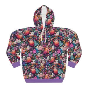 Flower Ghosts Pullover Hoodie with Faux Pink and Purple Embroidery