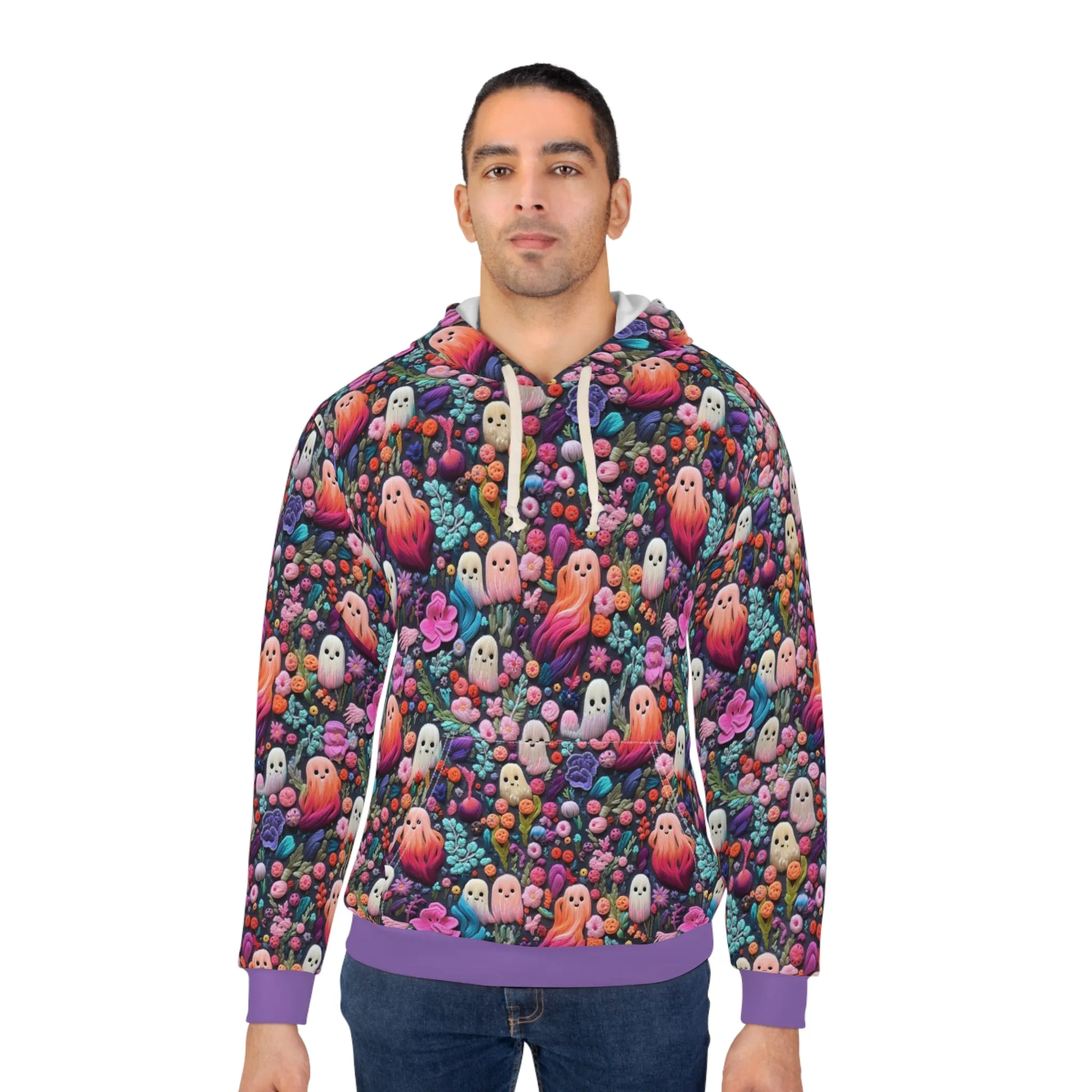 Flower Ghosts Pullover Hoodie with Faux Pink and Purple Embroidery