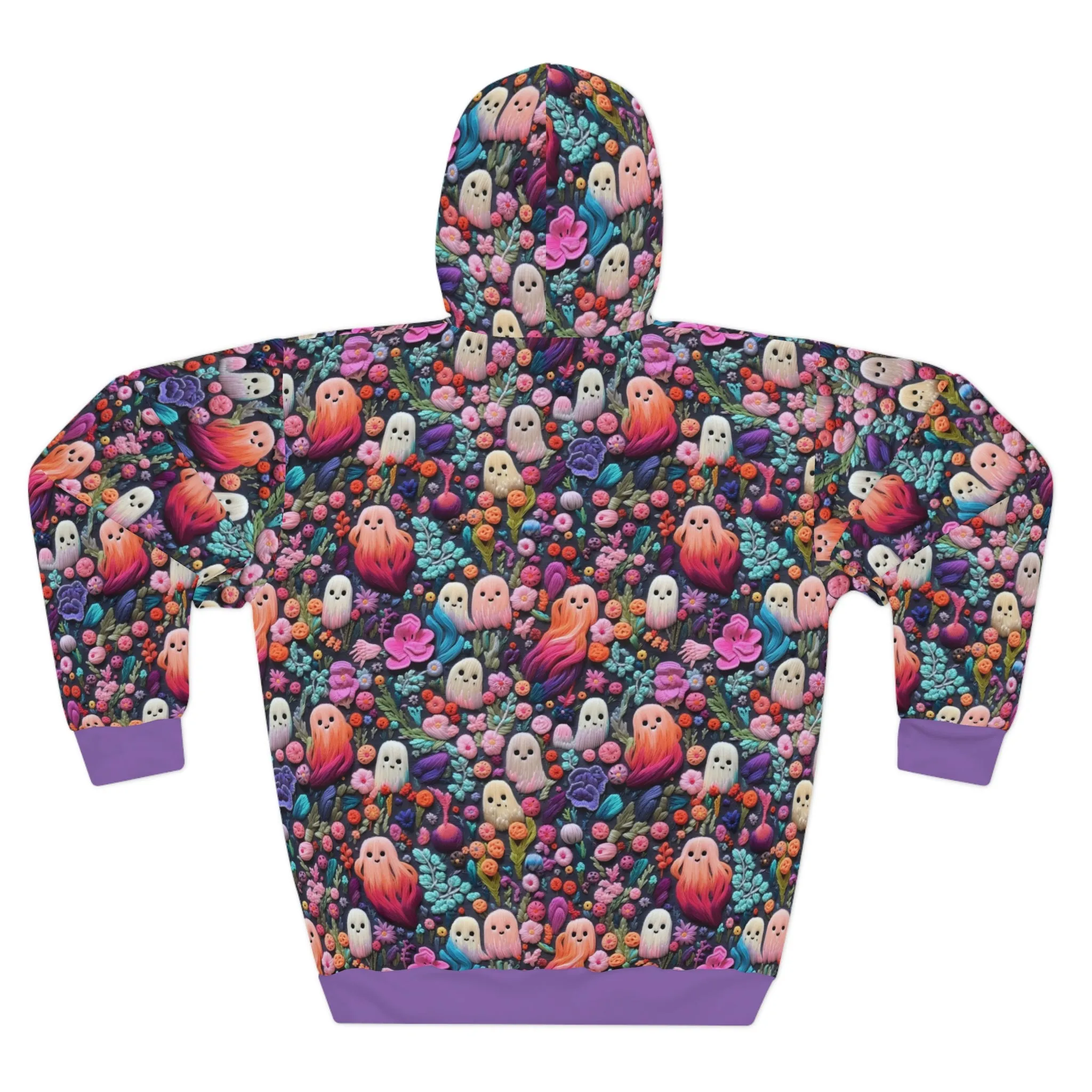 Flower Ghosts Pullover Hoodie with Faux Pink and Purple Embroidery