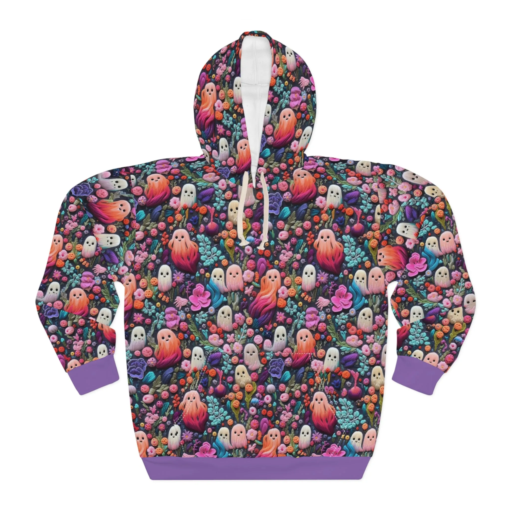 Flower Ghosts Pullover Hoodie with Faux Pink and Purple Embroidery
