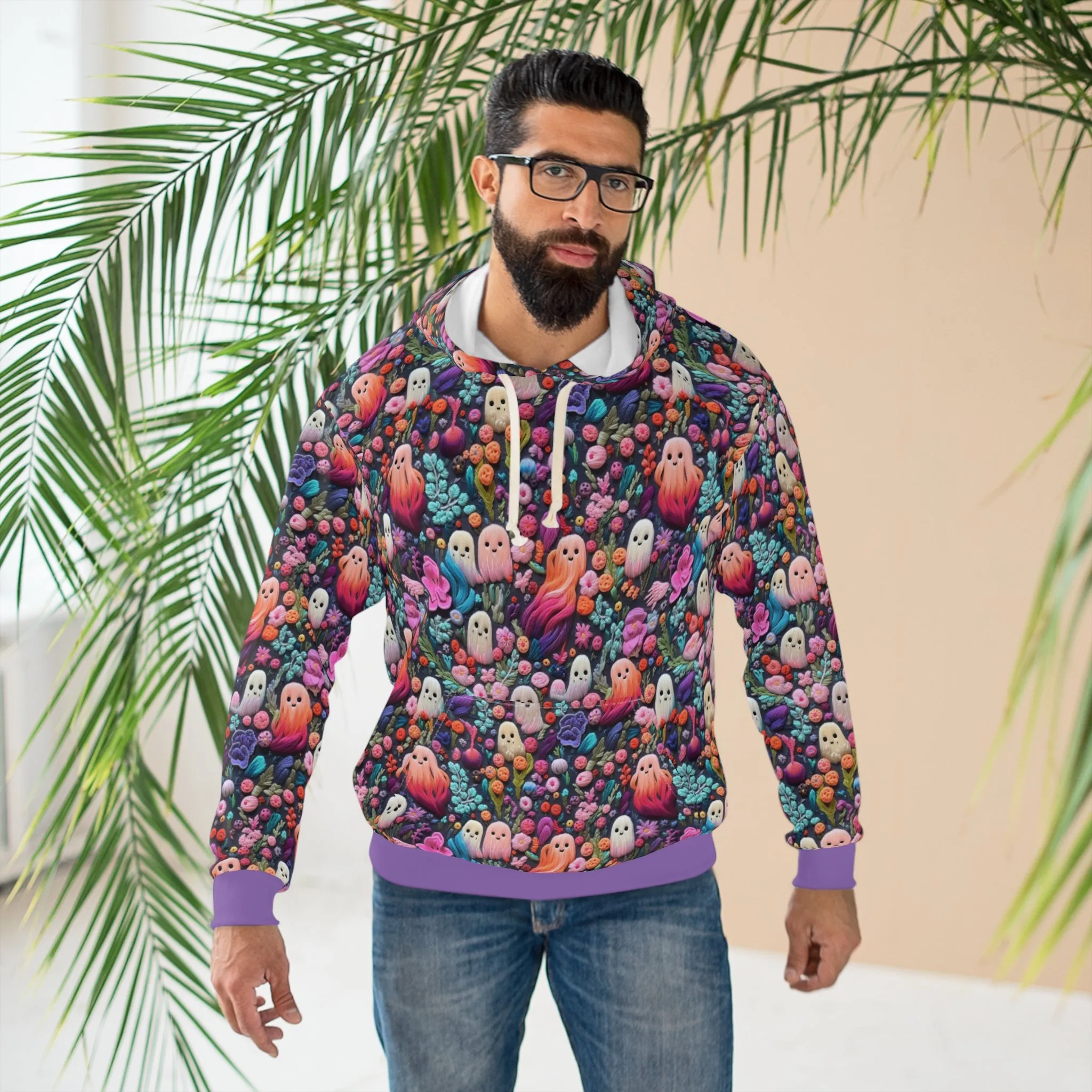 Flower Ghosts Pullover Hoodie with Faux Pink and Purple Embroidery