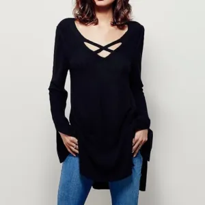 Free People Black Long Sleeve Criss Cross Tunic Sweater Top