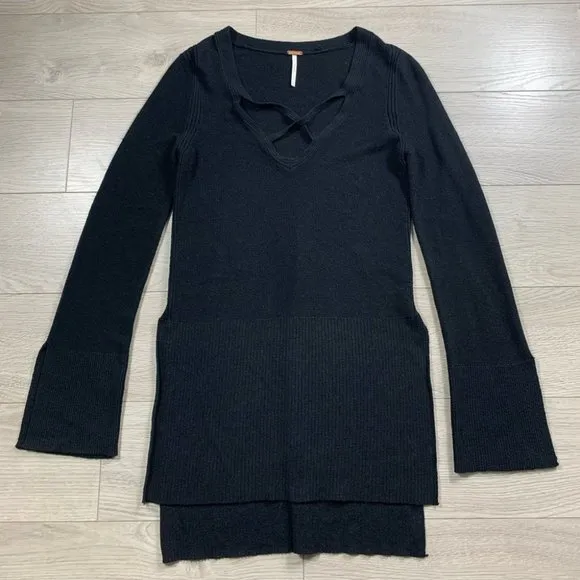 Free People Black Long Sleeve Criss Cross Tunic Sweater Top