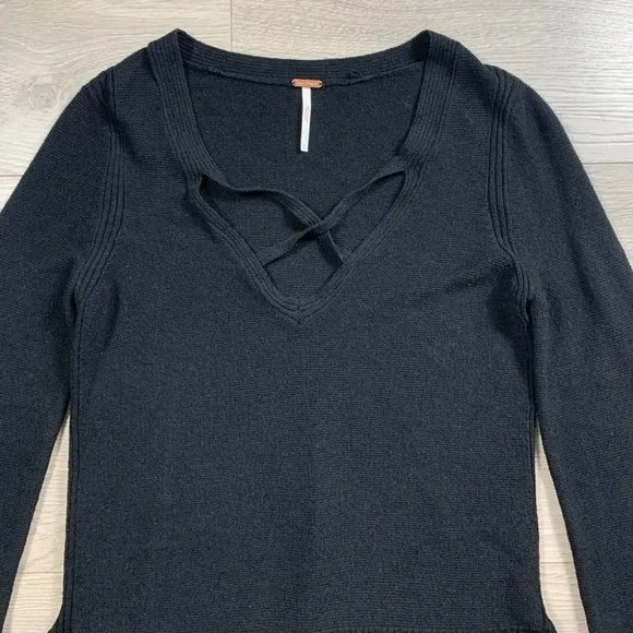 Free People Black Long Sleeve Criss Cross Tunic Sweater Top