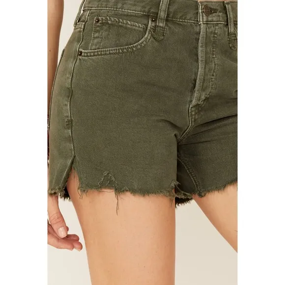 Free People Makai Cut Off Jean Shorts 25 Olive Green Denim Raw Hem Distress New