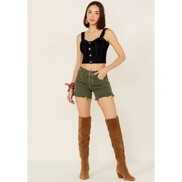Free People Makai Cut Off Jean Shorts 25 Olive Green Denim Raw Hem Distress New