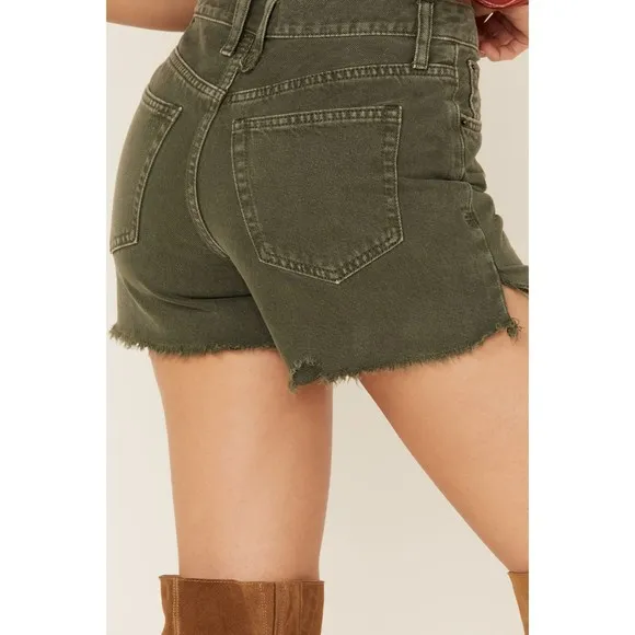 Free People Makai Cut Off Jean Shorts 25 Olive Green Denim Raw Hem Distress New