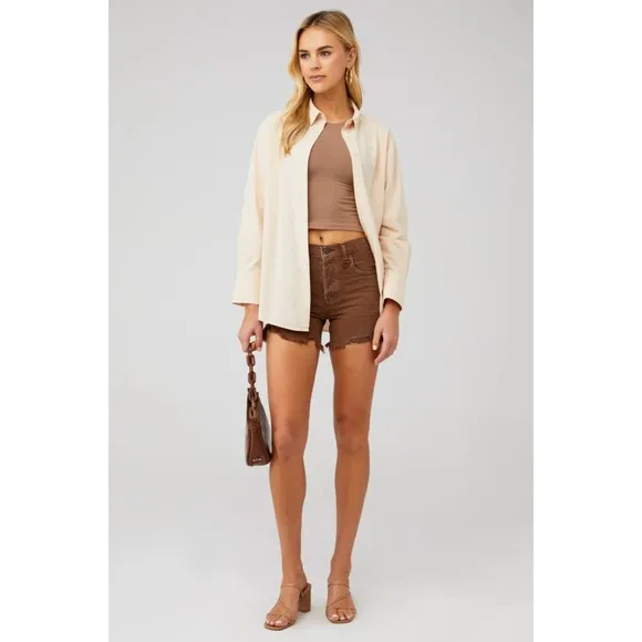 Free People Makai Cutoff Jean Short 24 26 Chocolate Brown Denim Raw Hem Distress