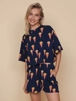 Fries Navy Cropped T-Shirt Dames