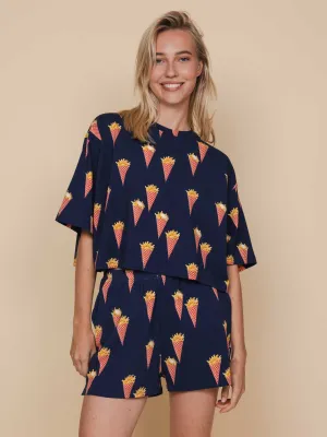 Fries Navy Cropped T-shirt en Shorts set Dames