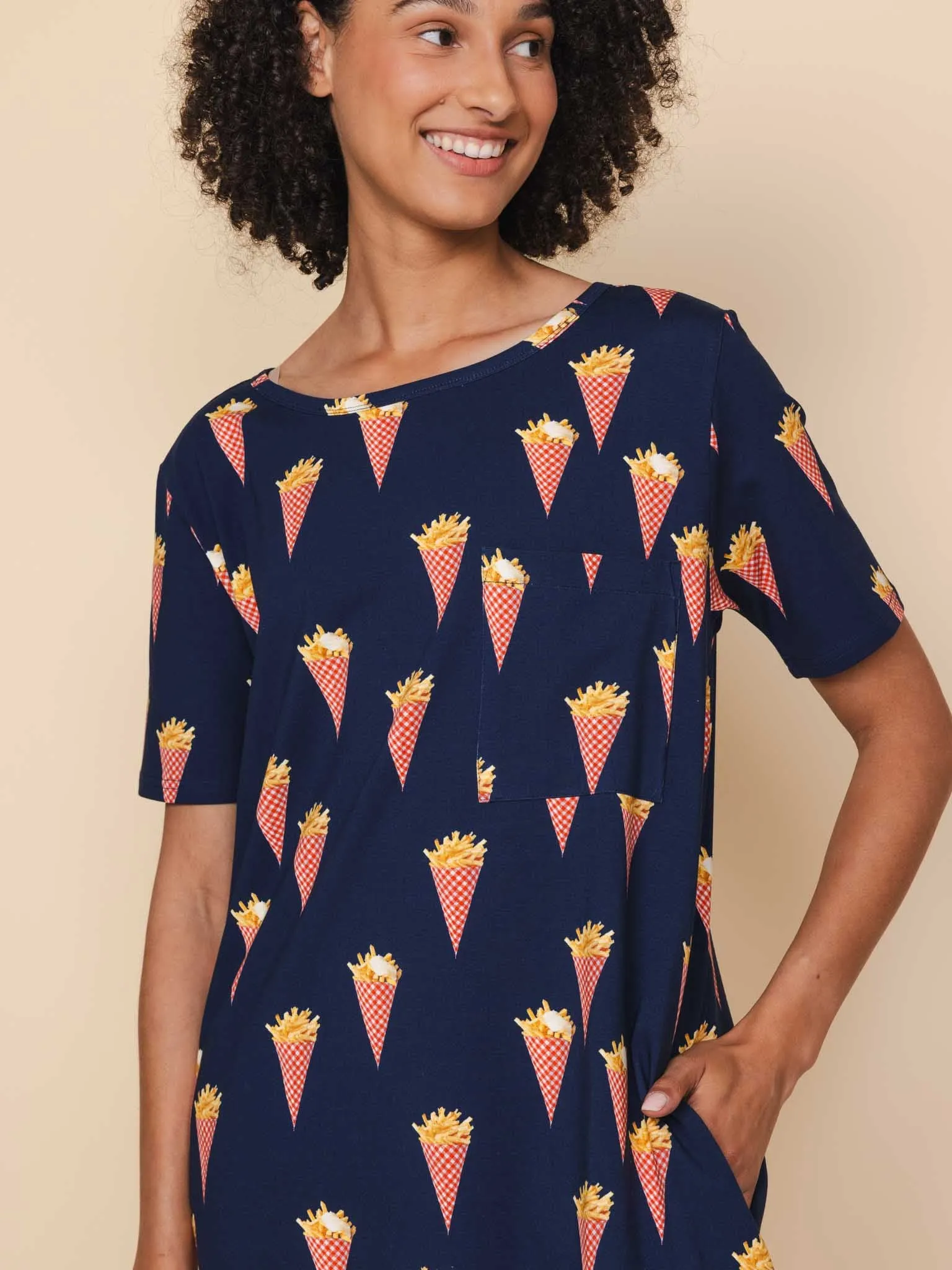 Fries Navy T-shirt Dress Dames