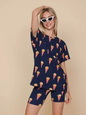 Fries Navy T-shirt en Bikershorts set Dames