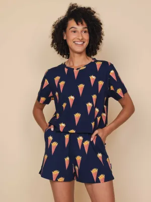 Fries Navy T-shirt en Shorts set Dames