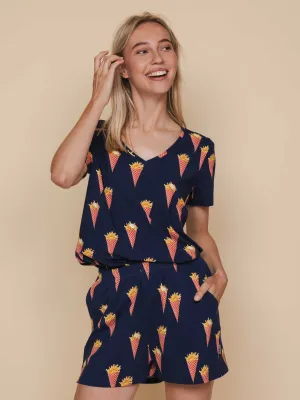 Fries Navy V-neck T-shirt en Shorts set Dames