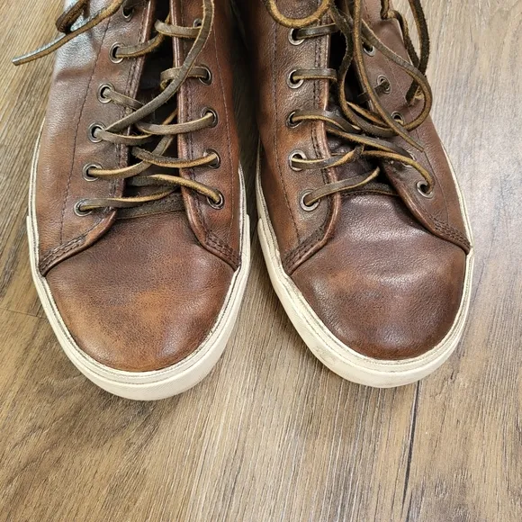 Frye Brett Shoes Men's 9.5 Brown White Leather Lace Up High Top Casual Sneakers