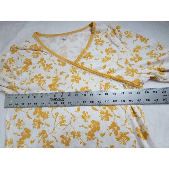 Garnet Hill Womens Floral Asian Wrap Pajama Top Medium Mustard Organic Cotton
