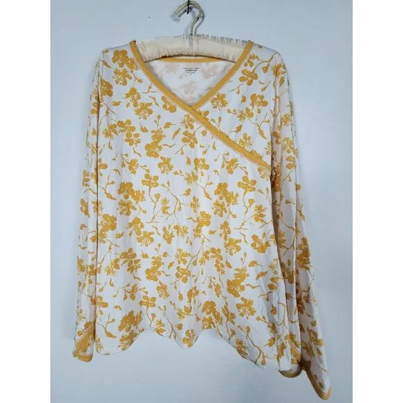 Garnet Hill Womens Floral Asian Wrap Pajama Top Medium Mustard Organic Cotton