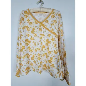 Garnet Hill Womens Floral Asian Wrap Pajama Top Medium Mustard Organic Cotton