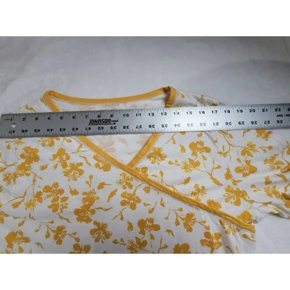 Garnet Hill Womens Floral Asian Wrap Pajama Top Medium Mustard Organic Cotton