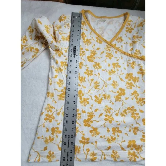 Garnet Hill Womens Floral Asian Wrap Pajama Top Medium Mustard Organic Cotton