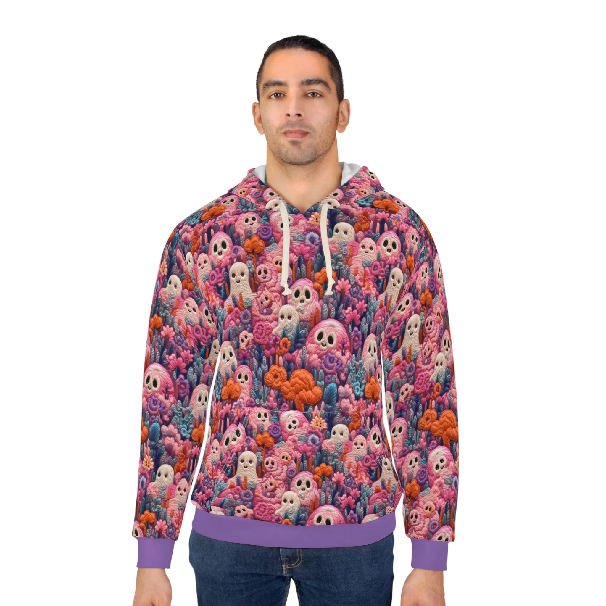 Ghosted Pullover Hoodie, Simulated Embroidery Orange and Blue Pattern, Fall Season Sweatshirt, UnisexPullover Hoodie