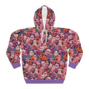 Ghosted Pullover Hoodie, Simulated Embroidery Orange and Blue Pattern, Fall Season Sweatshirt, UnisexPullover Hoodie