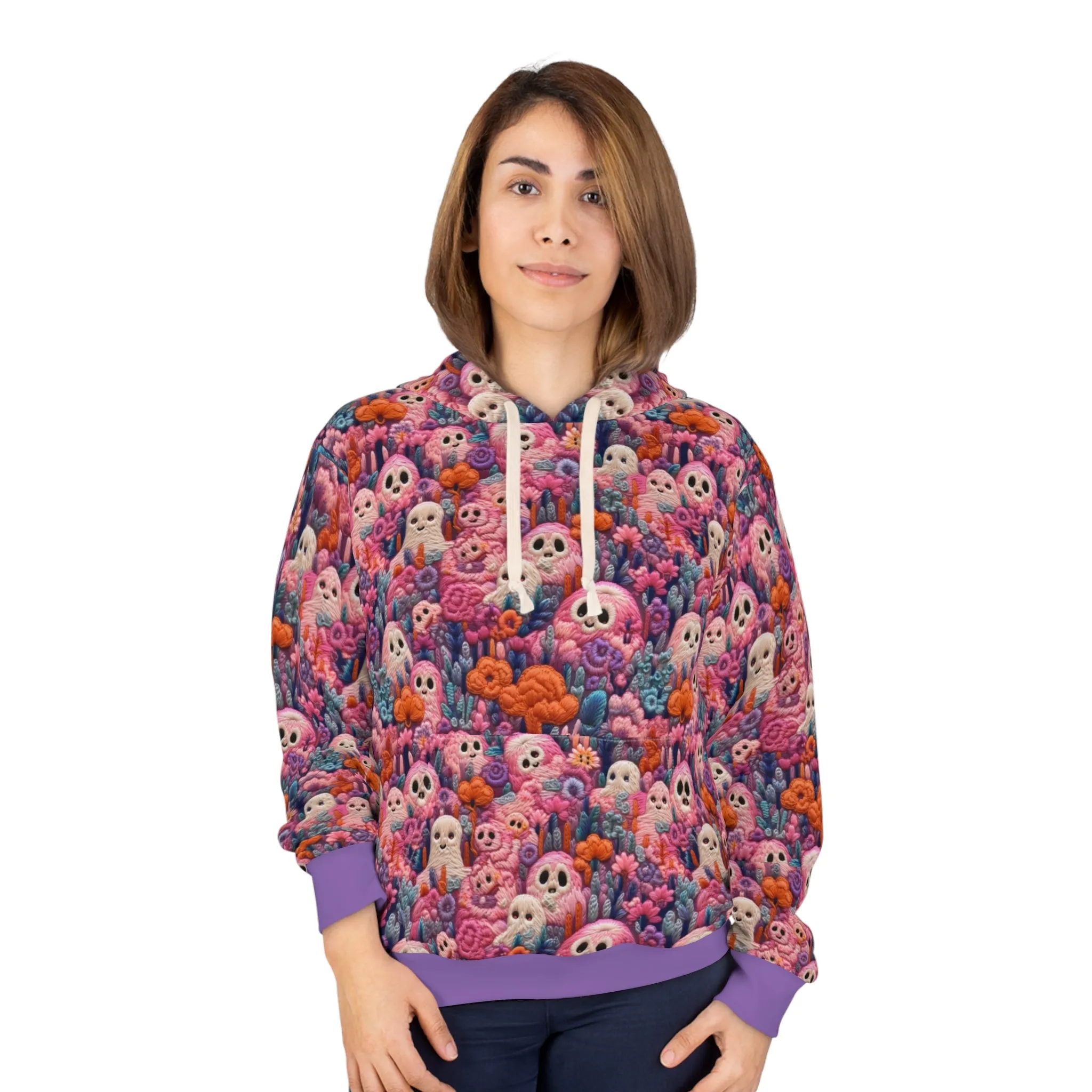 Ghosted Pullover Hoodie, Simulated Embroidery Orange and Blue Pattern, Fall Season Sweatshirt, UnisexPullover Hoodie