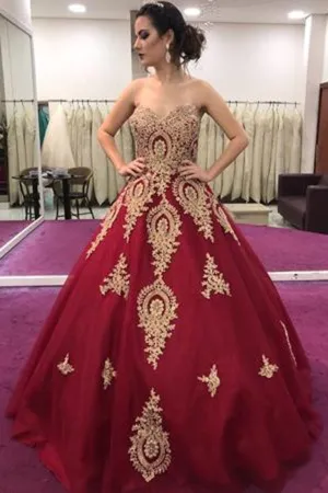 Gold Lace Appliques Sweetheart Ball Gown Prom Dresses Sweet 16 Dress Quinceanera Dresses OKI59