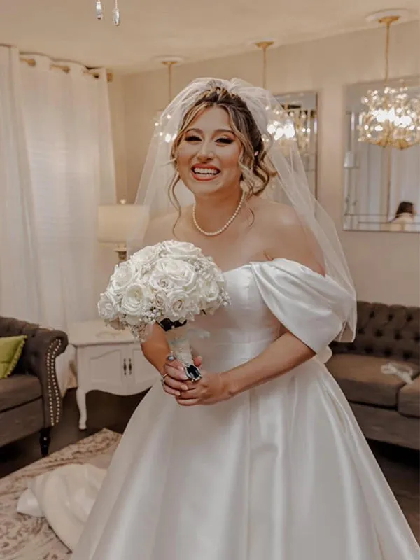 Gorgeous A-line Off the Shoulder Satin Long Wedding Dress with Trailing, WD0530