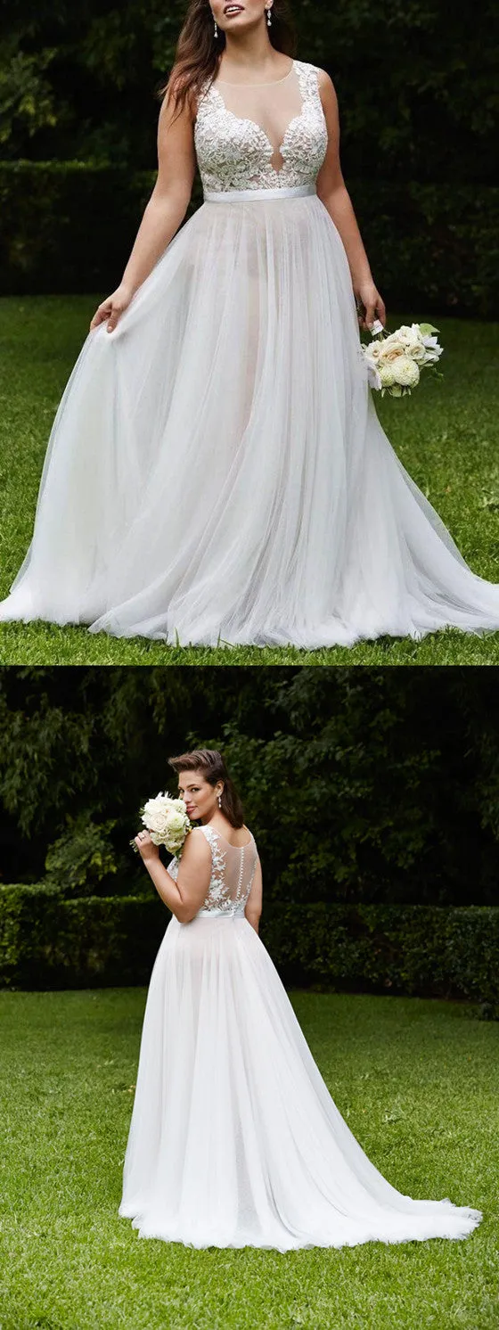 Gorgeous A-line Sleeveless Appliques Tulle Wedding Dresses With Train, WD0394