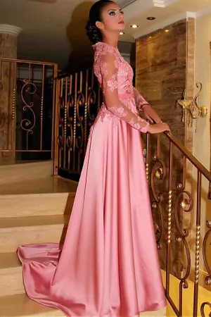 Gorgeous Satin Jewel A-Line Long Sleeves Pink Prom Dress With Lace Appliques OK914