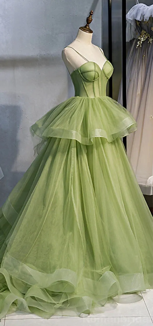Gorgeous Spaghetti Straps V-neck A-line Tulle Long Evening Prom Dress Online, OL202